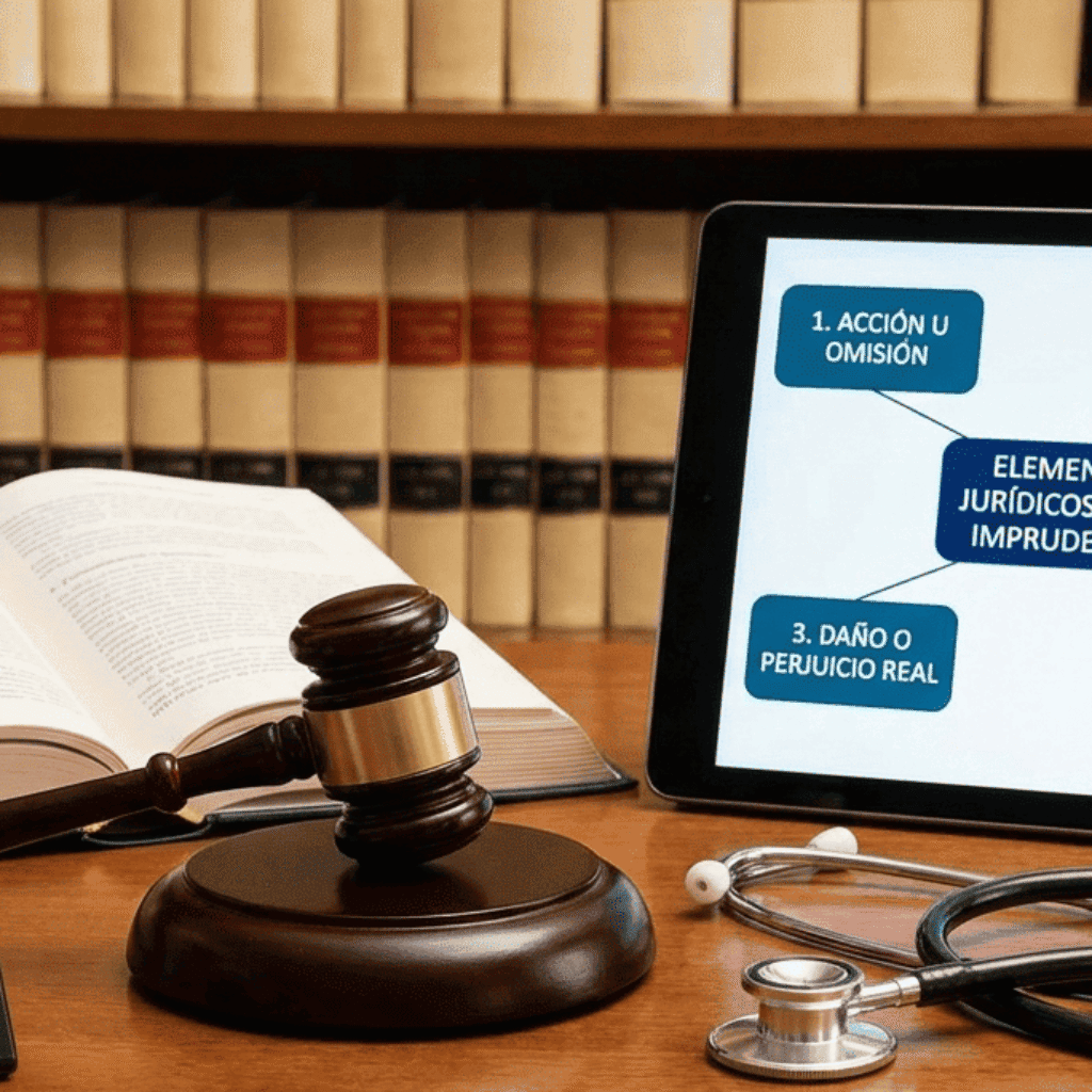 Mazo de juez, estetoscopio y tablet con esquema de los elementos de la imprudencia médica en el despacho de Carlos Sardinero.