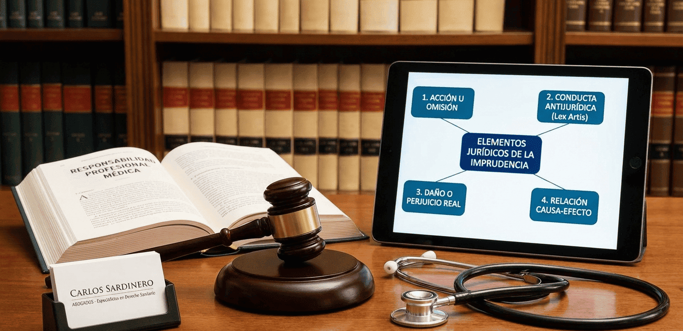 Mazo de juez, estetoscopio y tablet con esquema de los elementos de la imprudencia médica en el despacho de Carlos Sardinero.