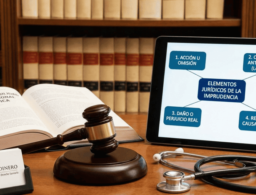 Mazo de juez, estetoscopio y tablet con esquema de los elementos de la imprudencia médica en el despacho de Carlos Sardinero.