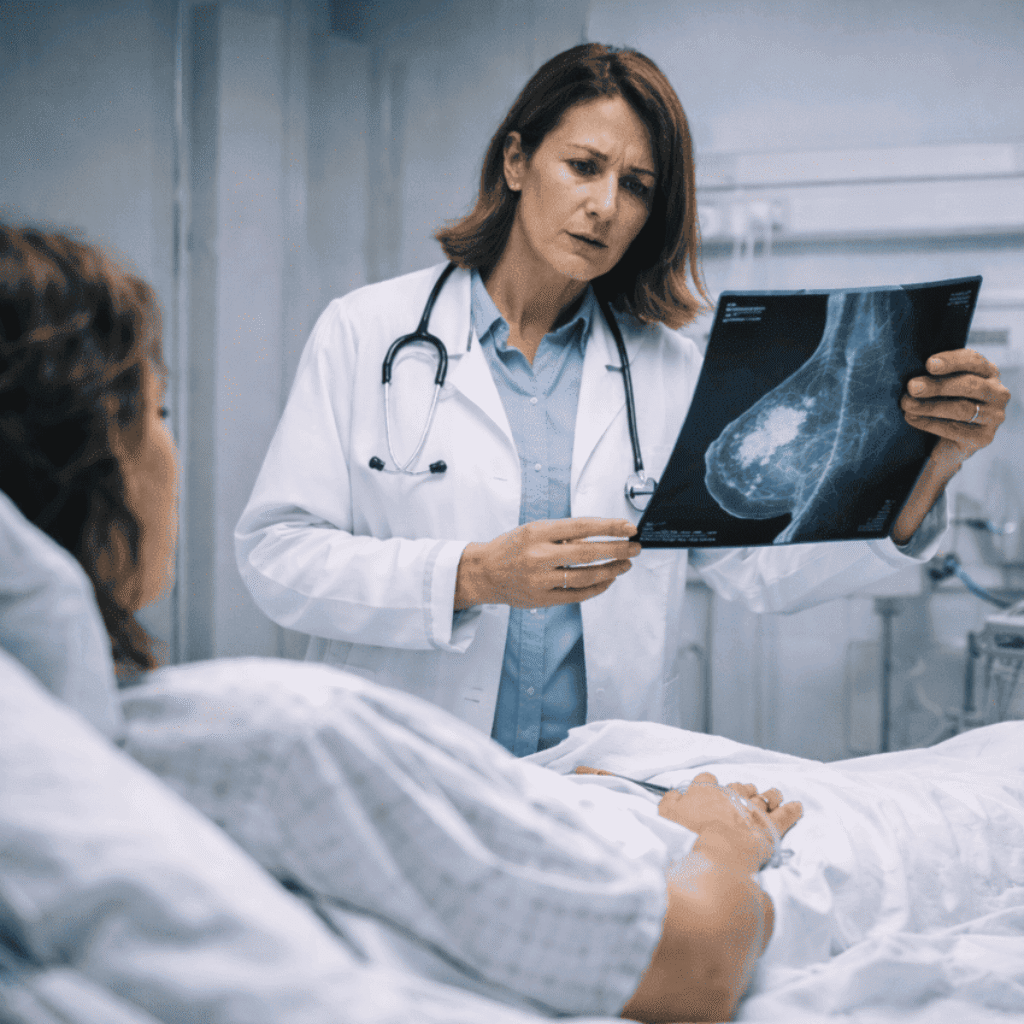 Lazo rosa de cáncer de mama junto a un mazo de juez, representando la indemnización por negligencia médica en oncología.