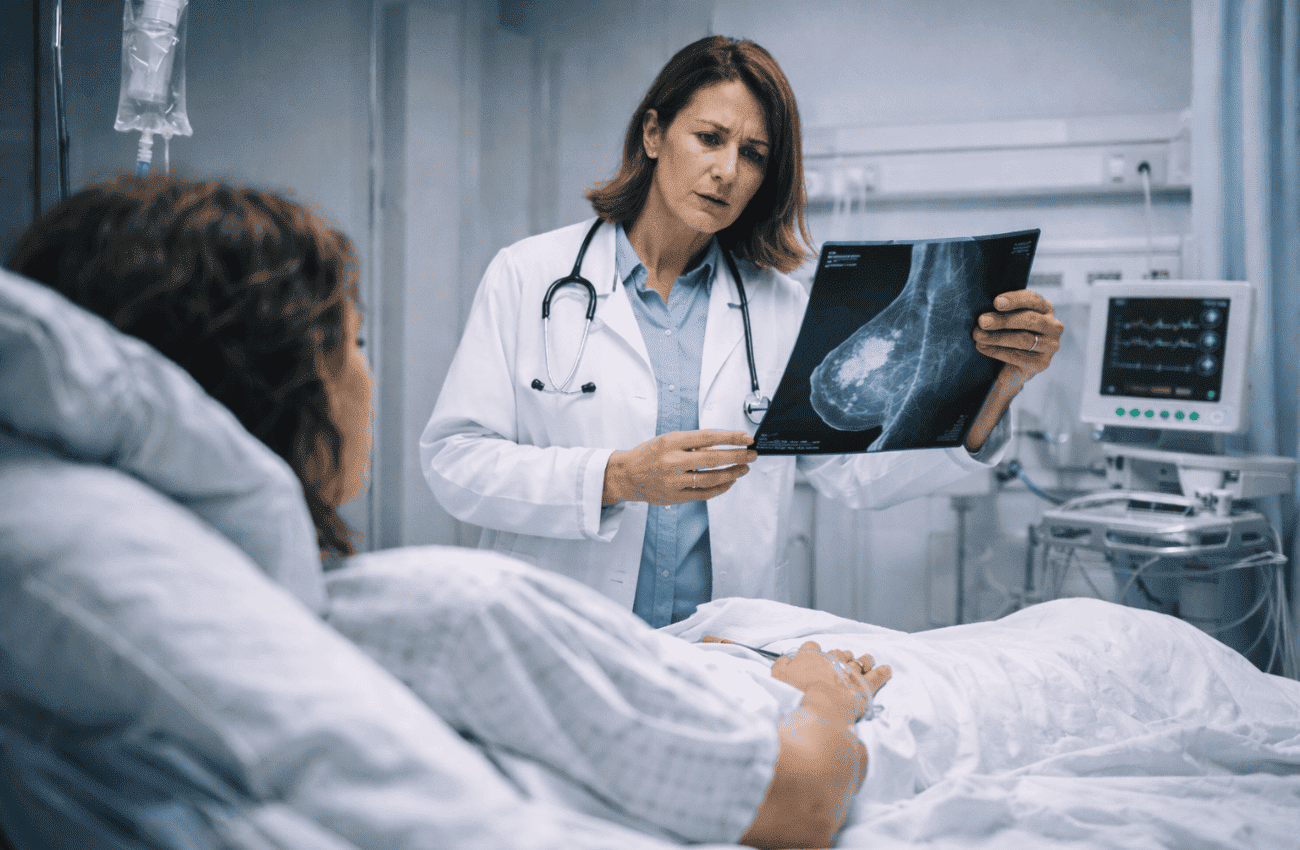 Lazo rosa de cáncer de mama junto a un mazo de juez, representando la indemnización por negligencia médica en oncología.