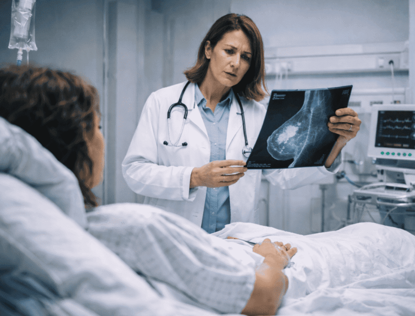 Lazo rosa de cáncer de mama junto a un mazo de juez, representando la indemnización por negligencia médica en oncología.