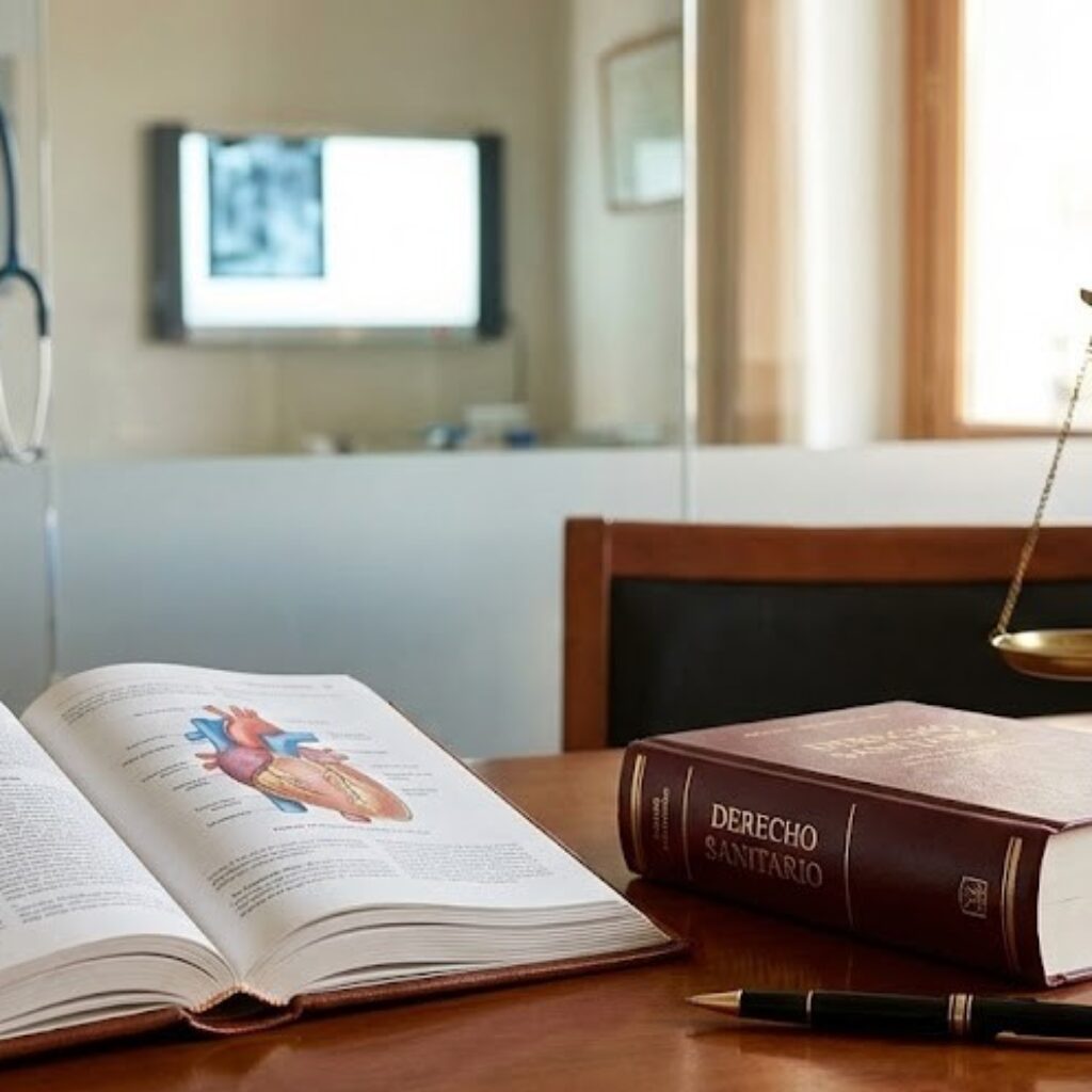 Libro de medicina y código legal sobre un escritorio profesional, representando el concepto de lex artis en el derecho sanitario.