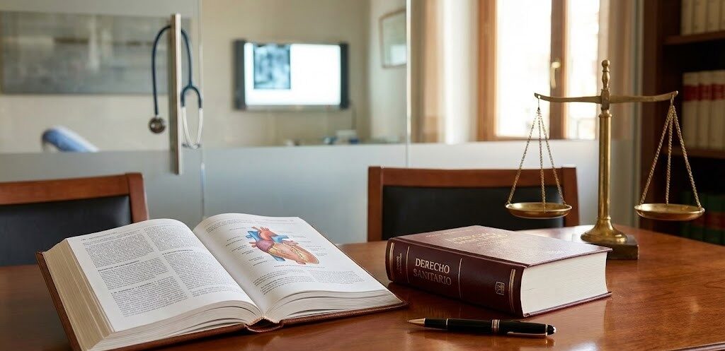 Libro de medicina y código legal sobre un escritorio profesional, representando el concepto de lex artis en el derecho sanitario.