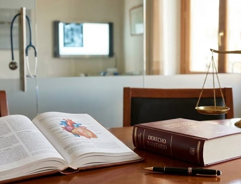 Libro de medicina y código legal sobre un escritorio profesional, representando el concepto de lex artis en el derecho sanitario.