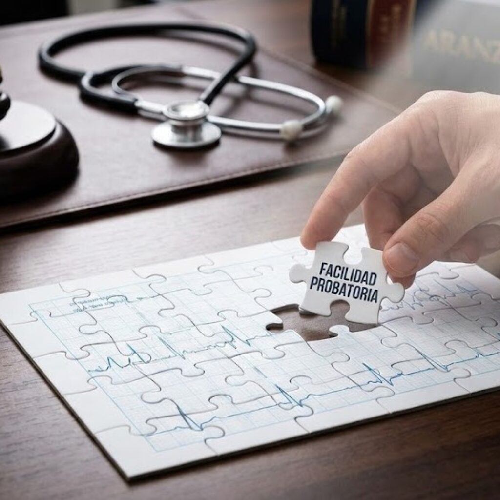 Pieza de puzzle completando un informe médico sobre mesa de despacho, simbolizando el principio de facilidad probatoria.