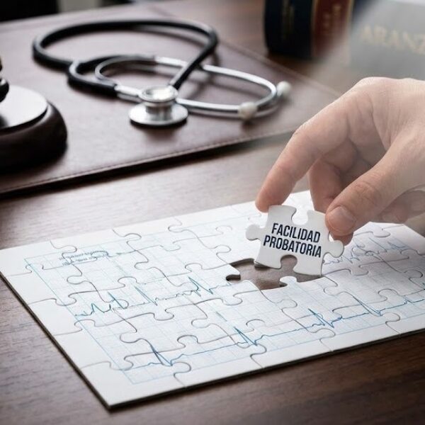 Pieza de puzzle completando un informe médico sobre mesa de despacho, simbolizando el principio de facilidad probatoria.