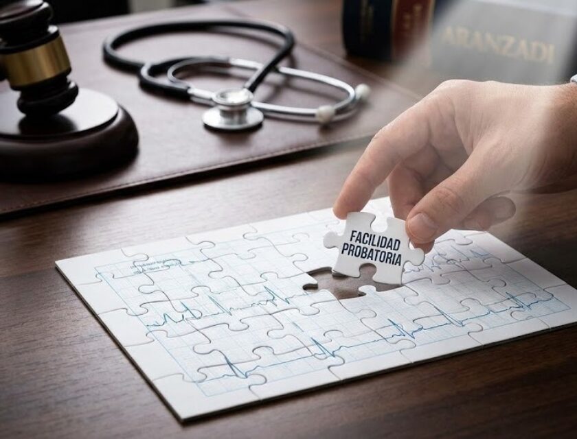 Pieza de puzzle completando un informe médico sobre mesa de despacho, simbolizando el principio de facilidad probatoria.