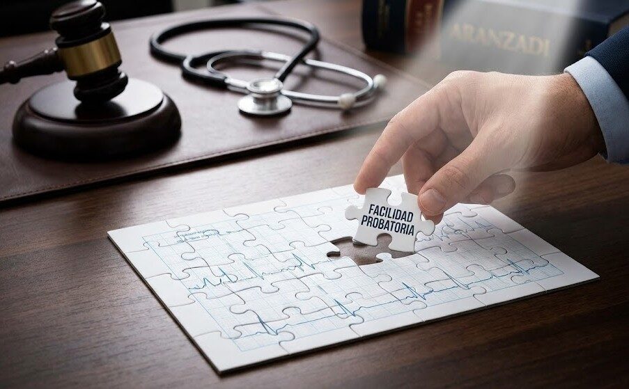 Pieza de puzzle completando un informe médico sobre mesa de despacho, simbolizando el principio de facilidad probatoria.