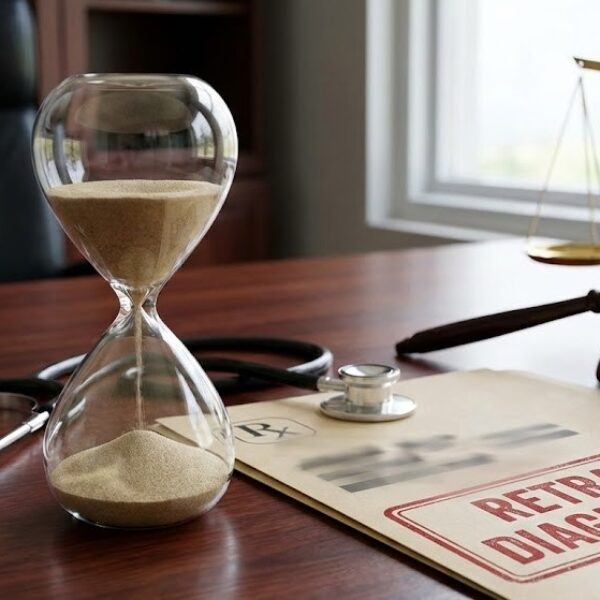 Reloj de arena junto a historial médico, representando la pérdida de oportunidad por retraso diagnóstico en Derecho Sanitario.