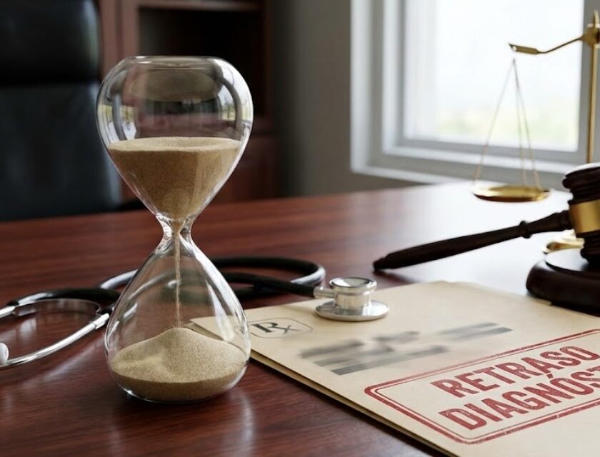 Reloj de arena junto a historial médico, representando la pérdida de oportunidad por retraso diagnóstico en Derecho Sanitario.
