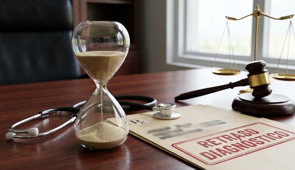 Reloj de arena junto a historial médico, representando la pérdida de oportunidad por retraso diagnóstico en Derecho Sanitario.